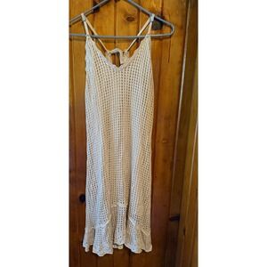 Boho knit Crochet Staccato Dress Tie StrapSleeveless Tan Resort Vacay Size Large